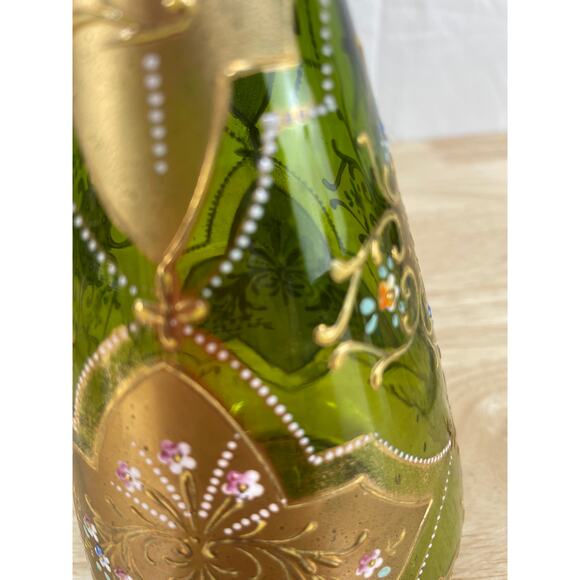 Vintage Signed Moser Art Glass Long Neck Vase Green Gold Gilt Good Condition - Picture 11 of 11